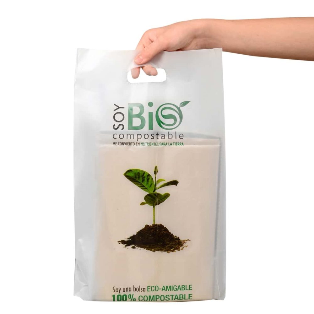 100 Bolsas Biocompostable monocapa rectángulo troquel 40x50 cm fuelle laterales