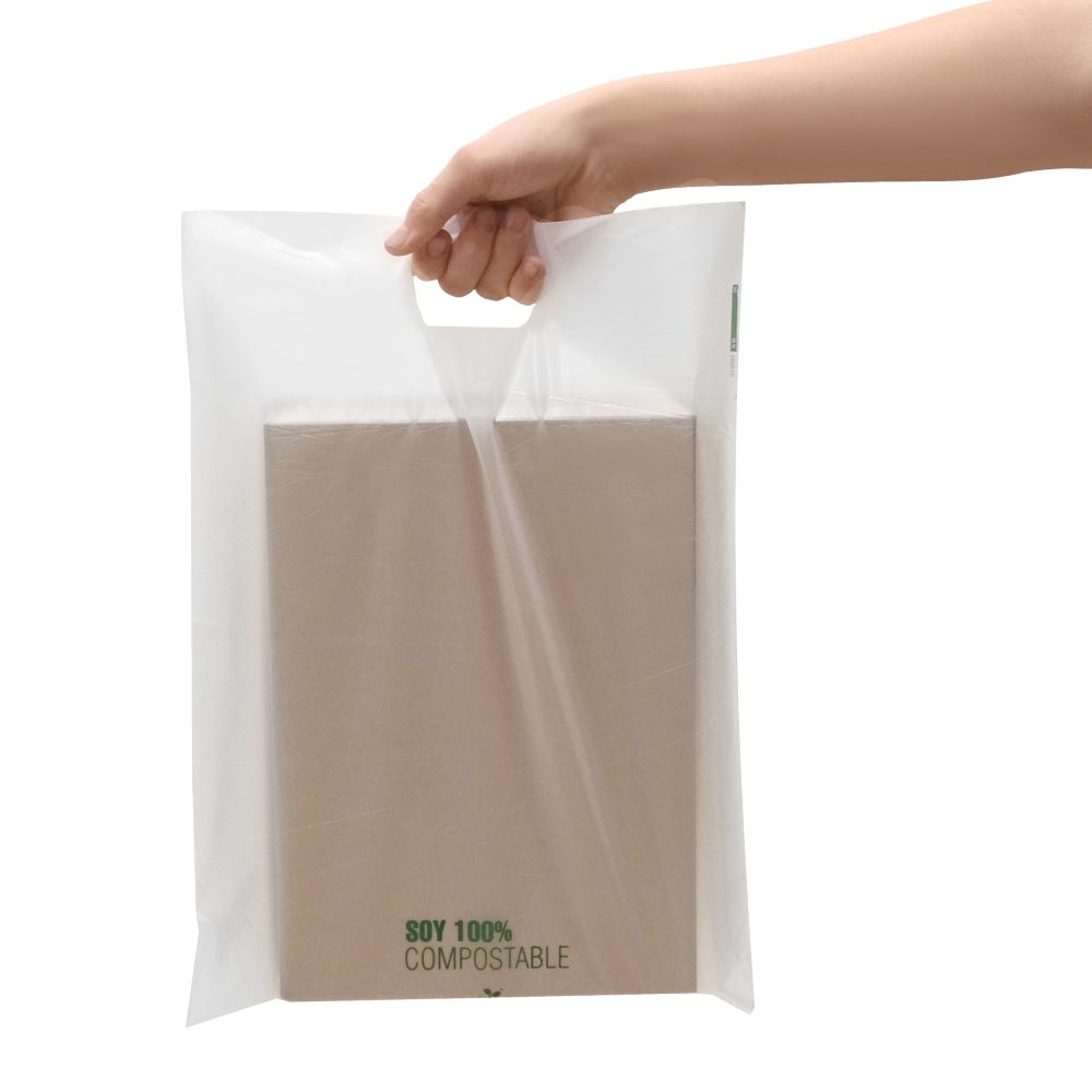 1000 Bolsa Bio-compostables color Natural rectángulo troquel 34 x 45 cm x 40mic  (con leyenda Bio)