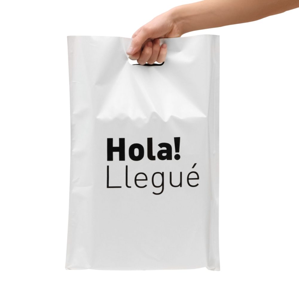 100 Bolsas comerciales Perladas Hola llegue 35x52 rectángulo troquelado.