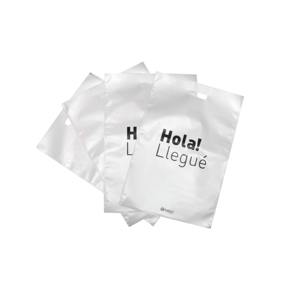 100 Bolsas comerciales Perladas Hola llegue 35x52 rectángulo troquelado. - Imagen 3
