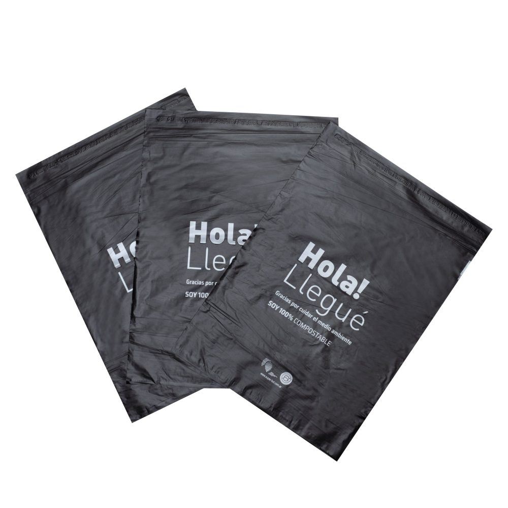 100 Bolsas E-Commerce Biocompostables Hola llegue N°3 Negro (42 x 55 + 5 cm x 40 mic) - Imagen 2