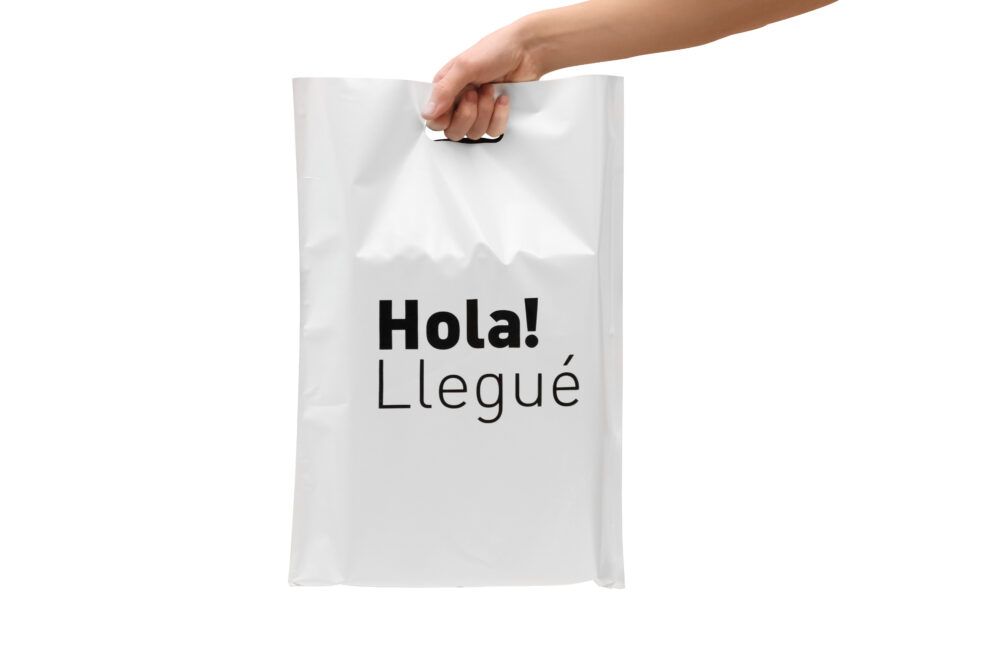 20 Bolsas comerciales Perladas Hola llegue 35x52 rectángulo troquelado.
